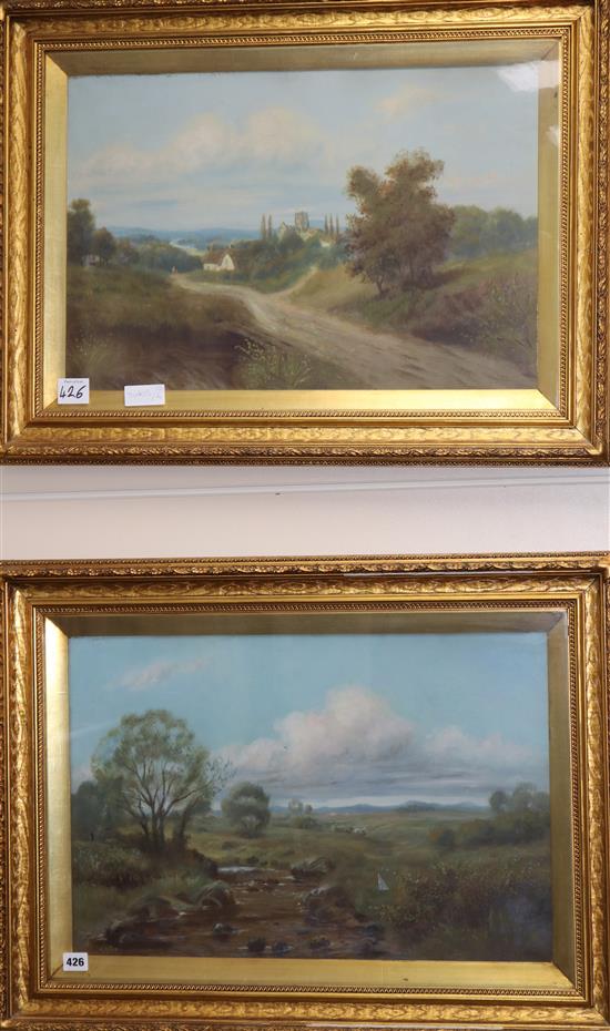 John Shirley Fox (1860-1939), oil on canvas laid on board, landscapes, a pair, 38.5 x 58cm